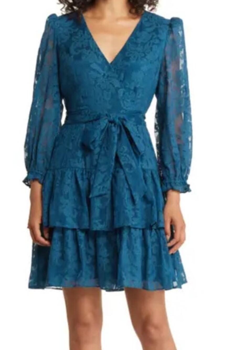 Eliza J long sleeve tiered faux wrap dress teal size 10
